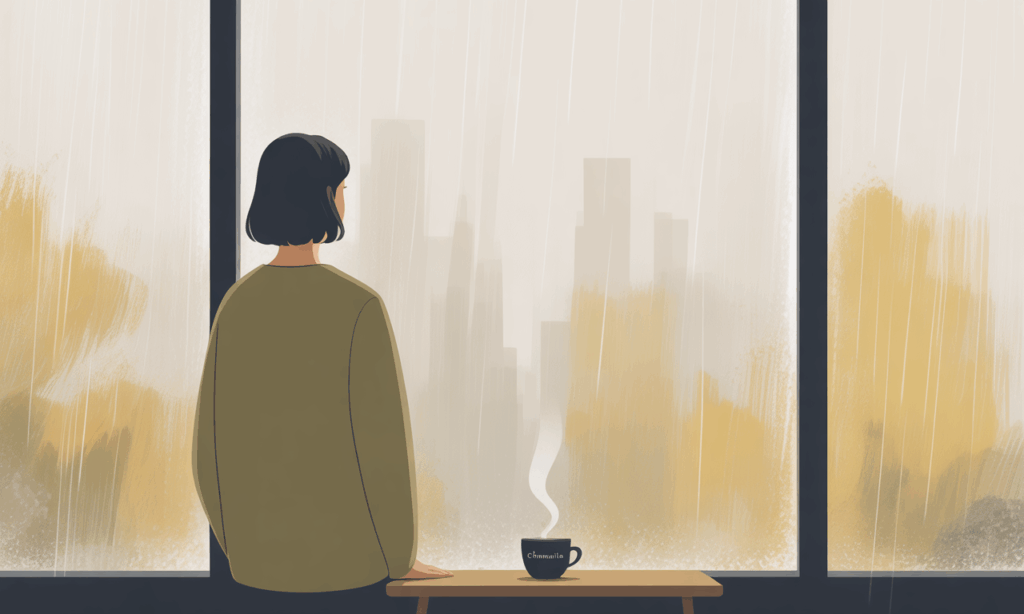 A person with short dark hair stands indoors, looking out a large window at a rainy cityscape. Steam rises from a cup labeled "Chamomile" on the table in front of them, and autumn-colored trees are visible through the rain.
