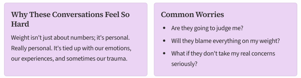 Infographic explaining why weight conversations feel difficult, highlighting the personal and emotional aspects of weight, and listing common worries such as fear of judgment, being blamed for health issues, and concerns not being taken seriously. NiuOla Health.