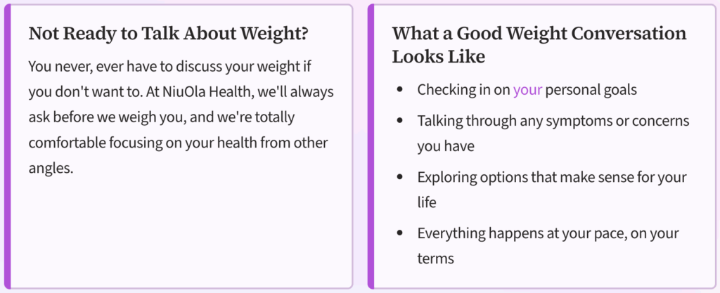 Infographic for NiuOla Health with two sections: one reassuring patients they never have to discuss weight if they're not ready, and another outlining what a supportive weight conversation looks like, including focusing on personal goals, discussing symptoms or concerns, exploring personalized options, and moving at the patient’s own pace.