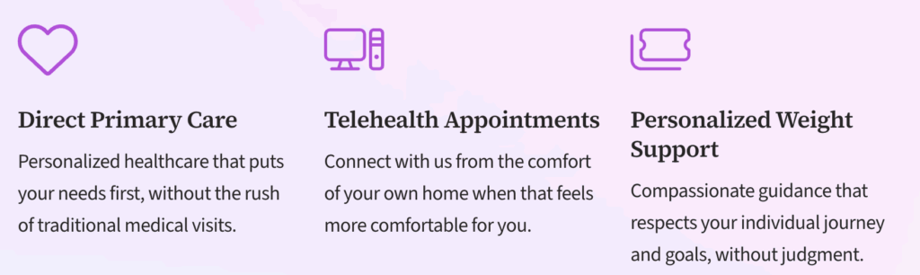 Infographic for NiuOla Health highlighting three services: Direct Primary Care offering personalized healthcare without rushed visits, Telehealth Appointments for connecting from home, and Personalized Weight Support providing compassionate, non-judgmental guidance tailored to individual goals and talking to your doctor about weight