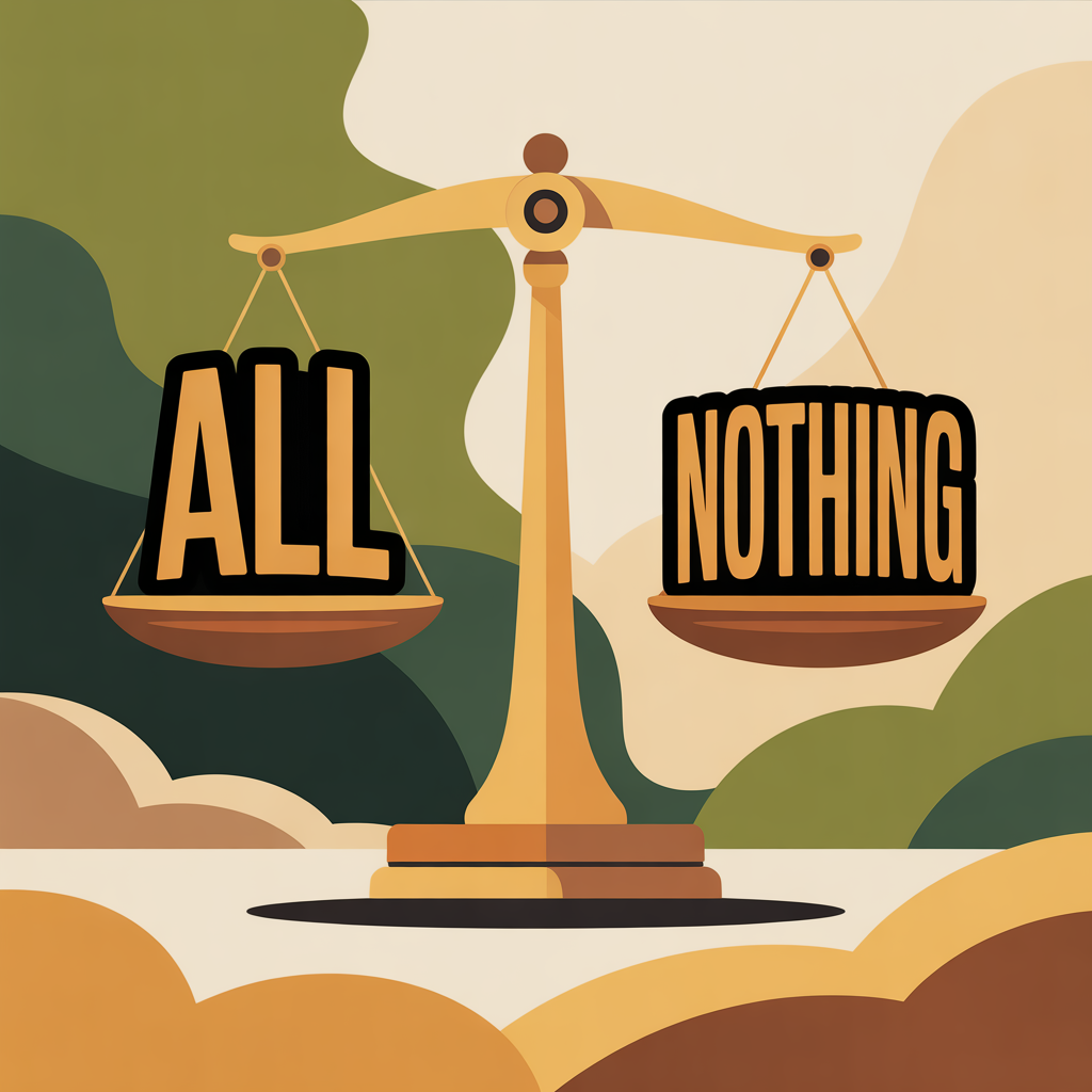 A stylized illustration of a golden balance scale, with the left side labeled "ALL" and the right side labeled "NOTHING." The scale represents the concept of all-or-nothing thinking and highlights the importance of overcoming setbacks and making progress, even when things aren’t perfect.