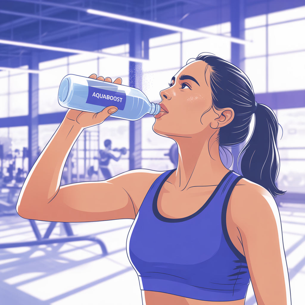 A woman in athletic wear drinking from a water bottle labeled 'Aquaboost' inside a gym, with exercise equipment and people working out in the background.