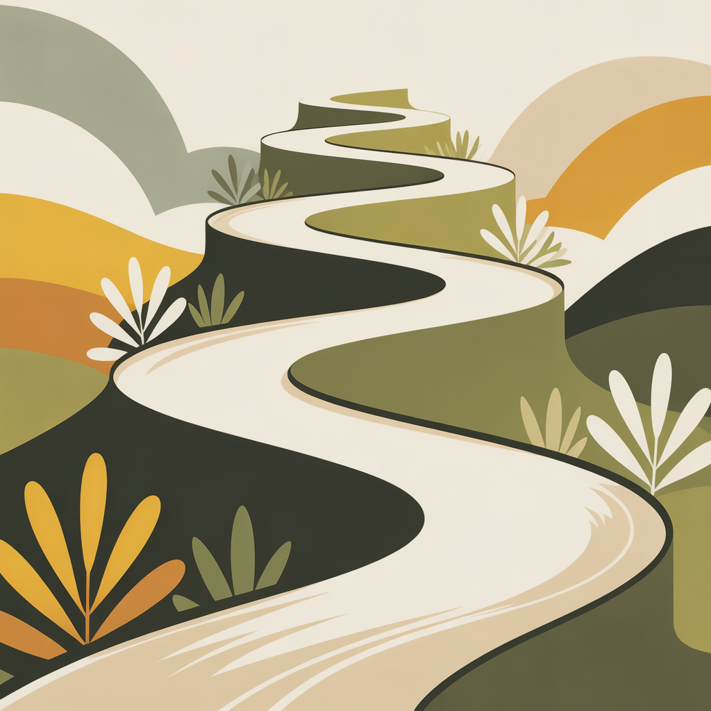 A stylized illustration of a winding path that zigzags up green hills, surrounded by abstract plants and earth-toned hills. The image symbolizes the journey to overcome setbacks and maintain steady progress, showing that success is not always a straight line.
