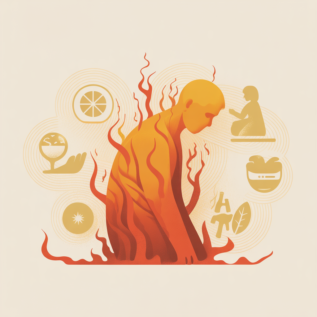 A stylized illustration representing inflammation, featuring a person surrounded by orange and red flames, with wellness icons such as citrus, hydration, meditation, and herbal remedies encircling them—symbolizing NiuOla Health’s holistic approach to managing inflammation and supporting overall wellness in Olympia, Washington.