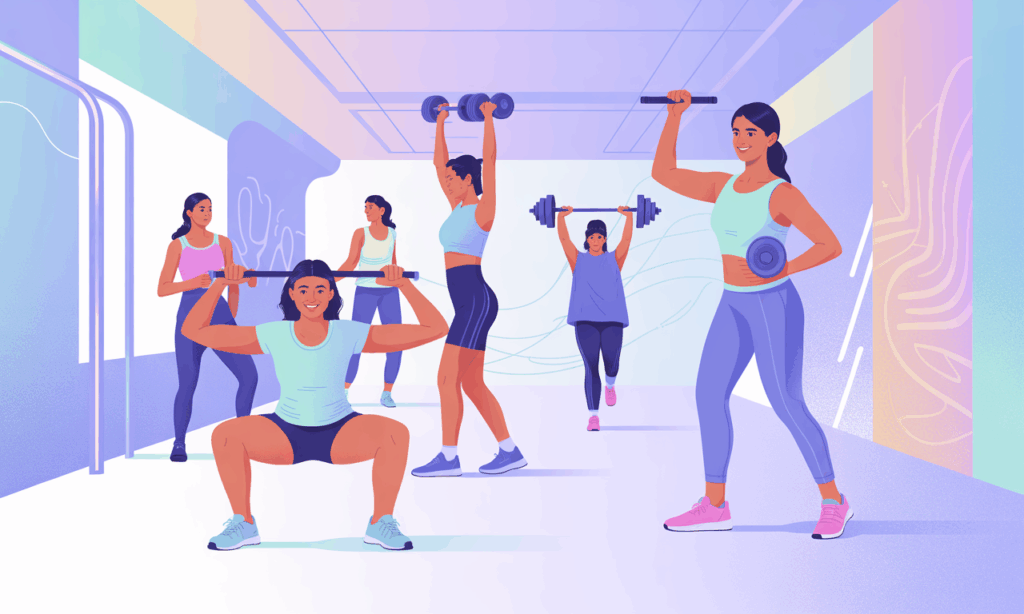 Group of women doing strength training in a brightly lit gym, including squats and overhead presses with weights and barbells.
